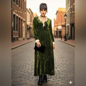 Vintage 1960s Green Crushed Velvet Maxi Dress with Satin Ruffle Trim